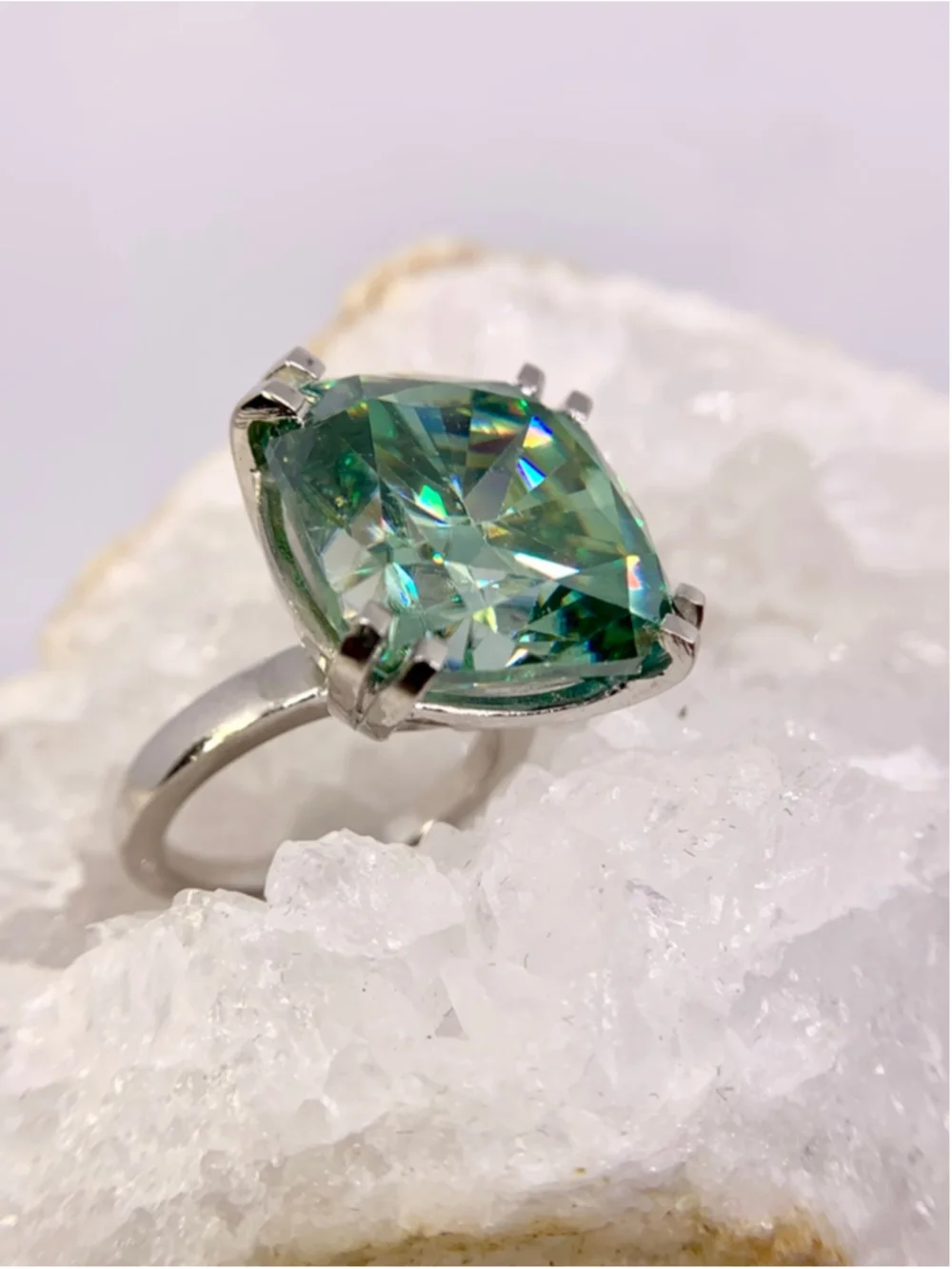 Huge Cushion Cut Moissanite Ring Vivid Blue Green 925 Silver 22 Ct Cocktail Ring